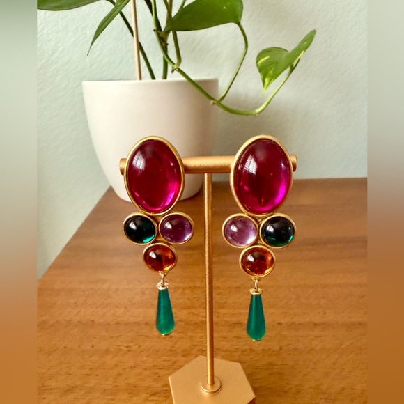 Vintage 80s Acrylic Matte Gold Dangle Cabochon Clip on Earrings Multicolor Drop - Picture 11 of 12